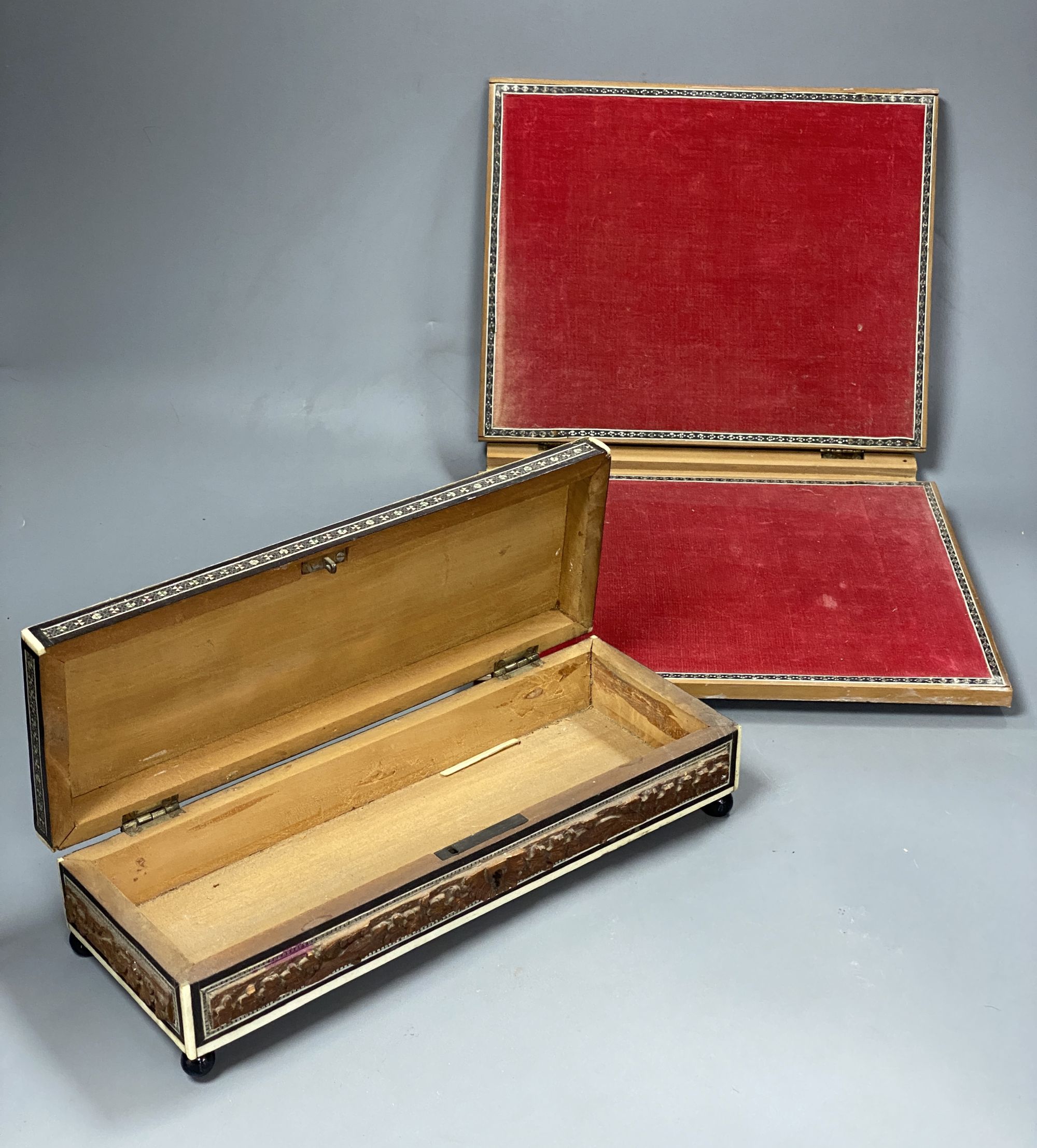 A bone overlaid sandalwood box and a similar blotter